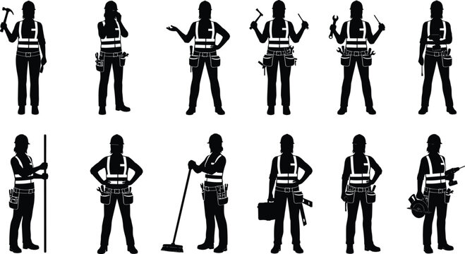 Silhouettes of professional construction workers with safety vests, tools, hard hats, road barriers, and traffic cones for industrial infrastructure maintenance projects