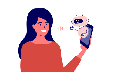 Naklejka na ściany i meble Woman talking to cute android robot by smartphone display. Voice message, smart video call centre, support service. Artificial intelligence virtual assistant help. Ai audio chatbot vector illustration
