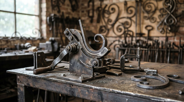 Blacksmith scrolling jigs and bending fixtures on steel workbench