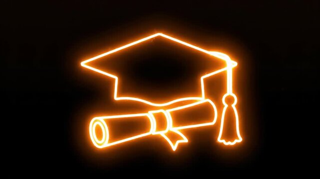 Orange light painting of graduation cap and diploma on black