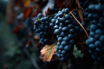 Naklejka premium Ripe blue grapes hanging from vine in vineyard during autumn harvest