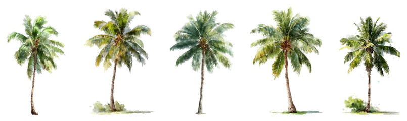 Fototapeta premium Multiple watercolor palm tree illustrations creating a tropical island paradise concept, representing summer holidays, beach vacations, and exotic travel destinations