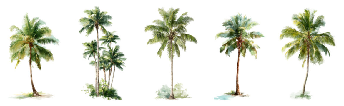 Five hand painted watercolor palm trees in vibrant greens, isolated on white  a tropical botanical set ideal for summer, travel, beach, and nature design projects