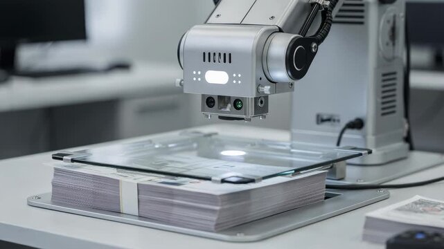 Closeup medium view of automated loan servicing robot inspecting and scanning payments focus on scanning module rest of the equipment subtly out of focus.