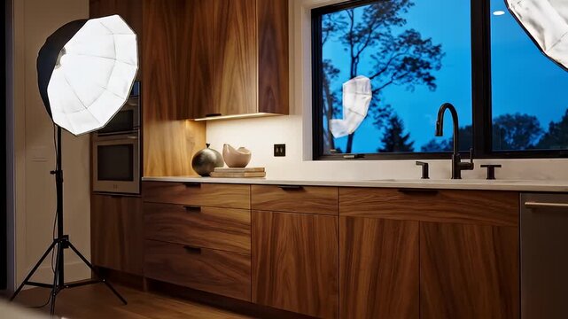 Kitchen Interior with Softbox Lights.