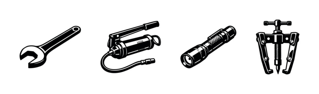 Black and white vector illustration of mechanical tools wrench grease gun flashlight and gear puller