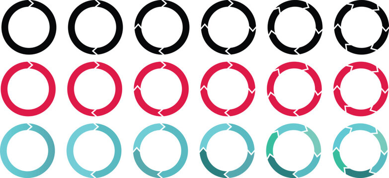 Pie charts icons collection different styles. rotation round cycle process, recyclable sign, recycling icons. Rotation arrows in circular motion
