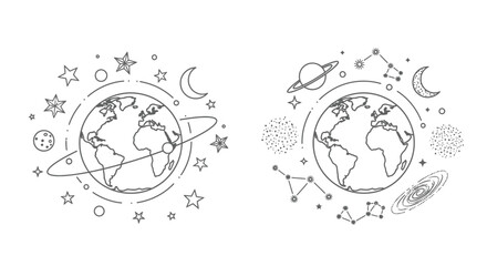 Fototapeta premium Two earth illustrations with celestial objects a striking silhouette