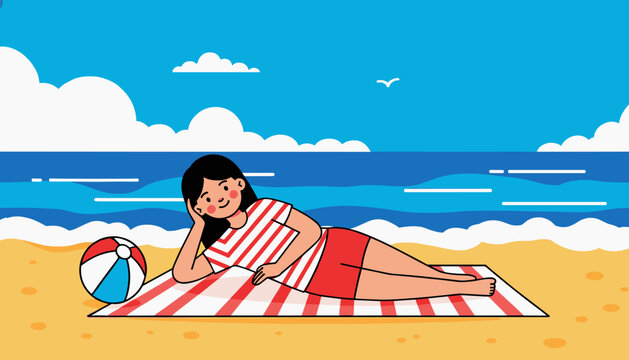 Girl lying on beach towel relaxing with beach ball summer vacation