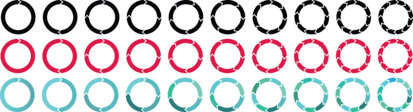 Pie chart set, rotation round cycle process, recyclable sign. Set of round infographics. Rotation arrows in circular motion. recycling icons, segmented circle icons,
