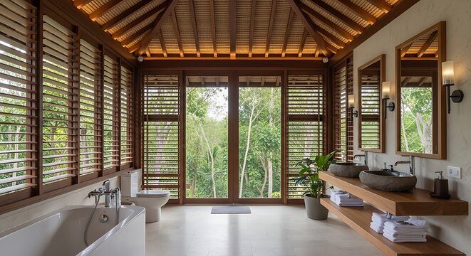 Luxurious bathroom with wooden shutters and a view of the forest.