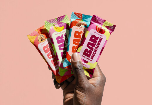 Snack Bar Packaging Mockup In Hand With Multiple Variations