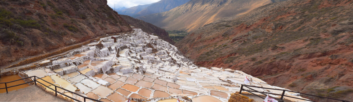 Terraced salt flats also known as Salineras de Maras, among the most picturesque tourist destinations in the Cusco region, Peru. view from above of the colorful reflective surfaces of the ponds
