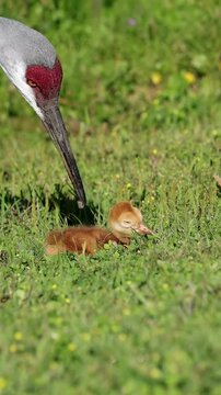 Florida sandhill crane offering food to tiny chick, early feeding behavior in natural habitat cute