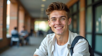 Obraz premium Cheerful Young Man Smiling Brightly While Sitting In Brightly Lit Corridor At University
