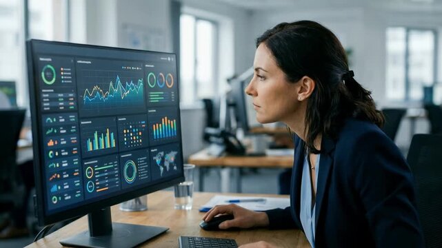 Close medium shot of banker working on desktop dashboard displaying credit limit adjustments main screen in sharp focus.