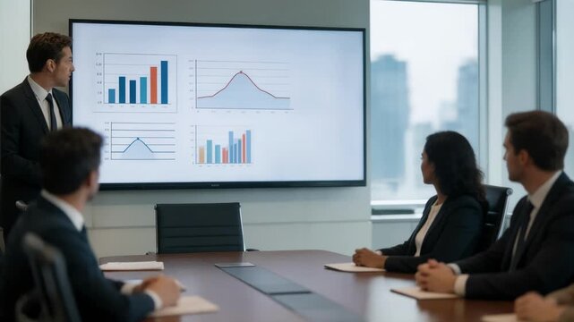Boardroom scene featuring focused professional explaining risk mitigation strategies using charts surrounded by blurred teammates in quarterly risk review.
