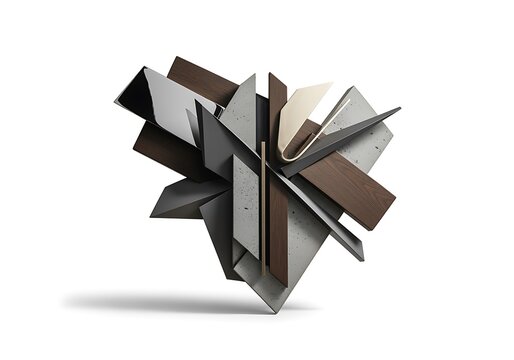 Abstract geometric sculpture made of wood concrete and metal creating dynamic interlocking shapes