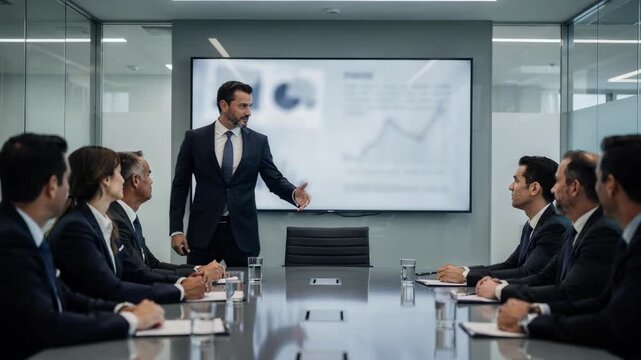 Business leaders reviewing portfolio yield metrics on a wall monitor executive pointing at key data while others listen attentively focus on presenters face.