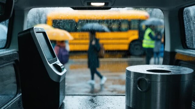 Focused teller kiosk and secure deposit box inside a van blurred scenes of students and parents in a school parking lot outside enhancing mobile service context.