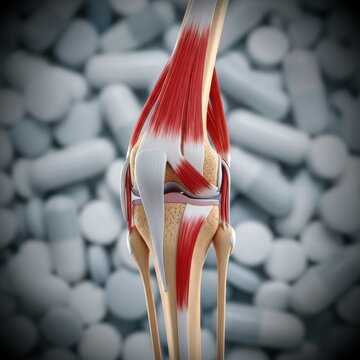 Anatomical illustration of the knee joint showcasing bones, muscles, and ligaments