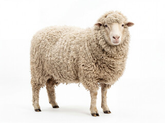 Obraz premium Curly wool sheep stands calmly against a plain white background