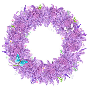 Hand drawn watercolor purple chrysanthemums with butterflies wreath frame border composition isolated on white background. Can be used for postcard, label, invitation and other printed products