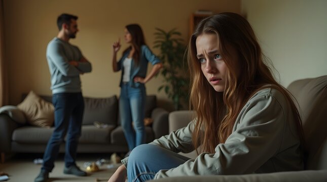 Teenage Girl Sitting on Couch Looking Concerned While Parents Argue in Living Room