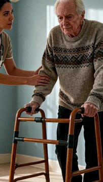 Vertical video: Leaning carer steadying senior using walker in room for brief walk with stethoscope
