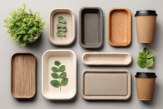 Eco friendly bamboo and paper food containers with lids cups and plant leaves on a gray background sustainable packaging solutions for takeout and coffee