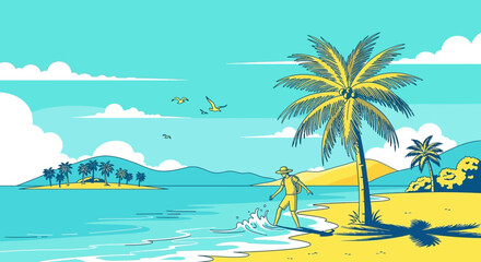 Obraz premium Tropical Island Paradise: Man Fishing on Sandy Beach with Palm Trees and Ocean Waves