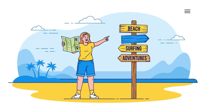 Woman with map choosing direction at beach signpost: beach, surfing, adventures