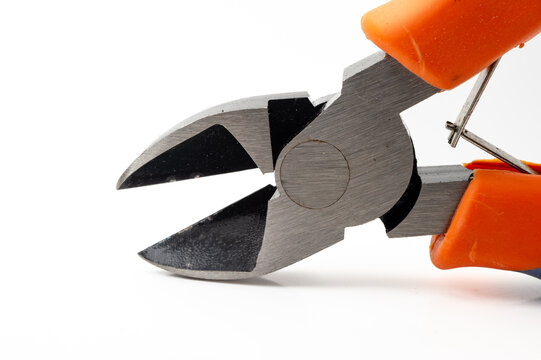 Cutting pliers isolated on white background, hand tool for wire cutting and electrical work.