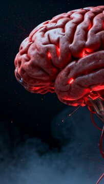 3D brain in right frame, spark igniting cortex, emitting sparks, embers, visualizing neuroscience