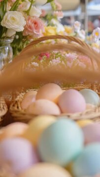 Vertical video: Pulling back camera revealing wicker basket on tabletop, showing row of pastel eggs