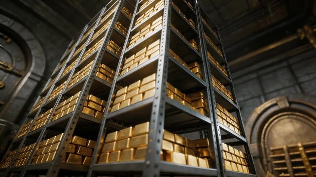 Lowangle medium shot highlighting towering shelves filled with gleaming gold bars in a central bank vault main object crystallized while surroundings remain softly out of focus.