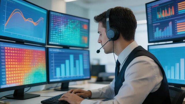 Agent in headset coordinating video banking sessions with clients surrounded by vibrant multiscreen displays highlighting realtime data analytics in a service hub.