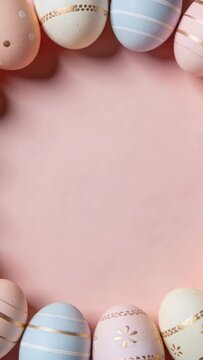 Decorated eggs lining pink paper, camera panning causing tiny shifts, leaving center clear for ads