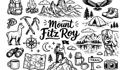 Obraz premium Mount Fitz Roy illustration with various hiking and camping icons and symbols