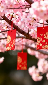 Vertical video: Swaying red packets and sakura shifting focus in park, via breeze and camera motion