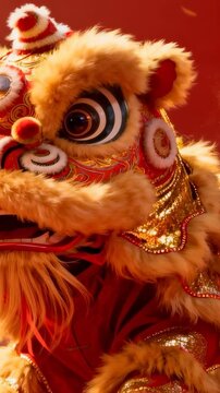 Tilting Chinese lion head on red stage, performers animating pom-pom, sequin trim during festival