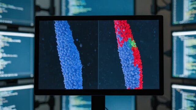 Focused medium shot of a monitor showcasing scenario comparison graphs in an AIassisted inflation lab with outoffocus coding screens surrounding it.
