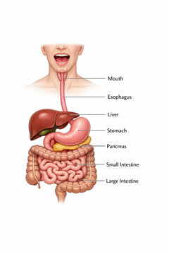 Human Digestive System Anatomy Diagram with Labeled Organs