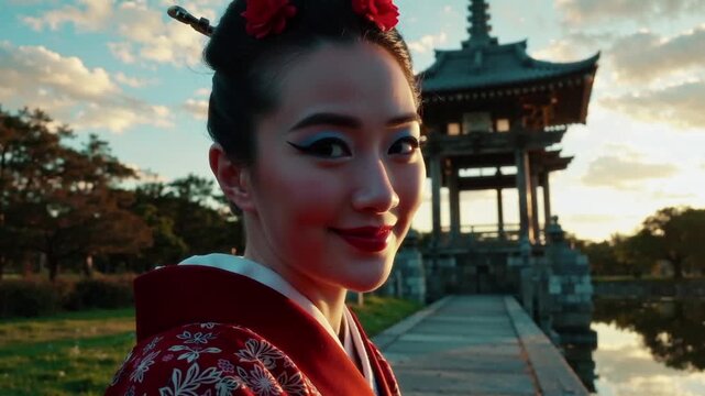Beautiful Japanese woman, geisha portrait, wearing traditional red kimono posing in a park at sunset with a classic wooden pagoda in the background.
