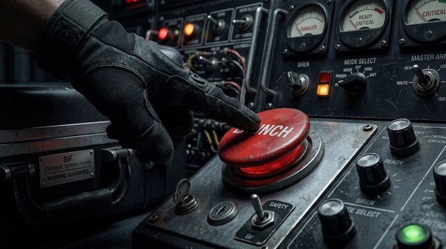 Critical Moment: Gloved Hand Pressing Launch Button