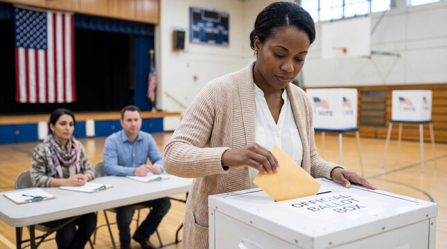 Woman inserting an envelope into an official ballot box at school basketball court with election officials during US election