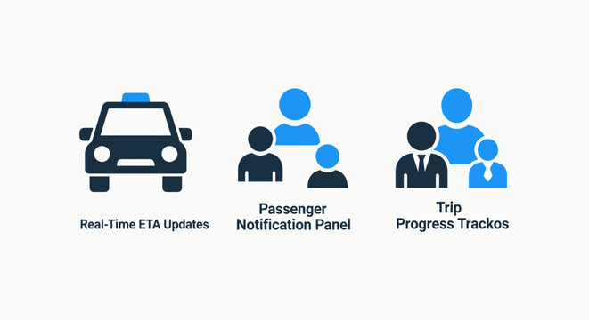 Digital transportation service icons: real-time eta updates, passenger notifications, and trip progress tracking for ride-sharing apps and logistics solutions