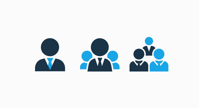 Corporate team and organizational structure icons: individual employees, small workgroups, and large business management teams representation