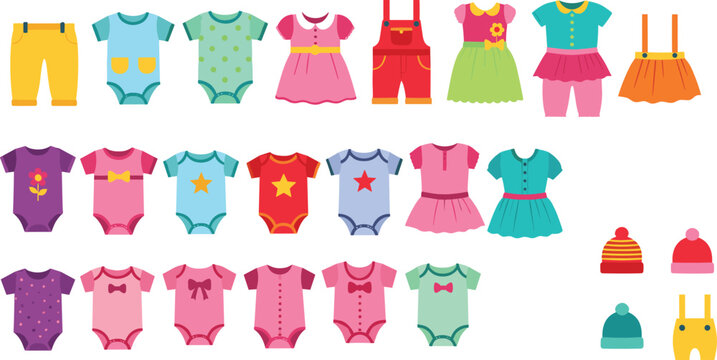 Baby Clothes Set with Bodysuits Dresses Overalls and Hats, Cute Infant Apparel Collection for Newborn Fashion, Kids Wear, and Illustration Design