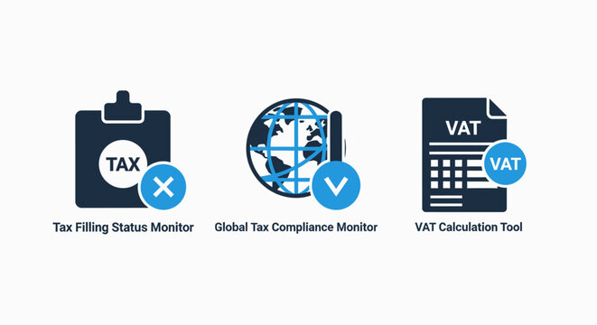 Financial icons set for tax filing, global compliance, and vat calculation tools in blue and dark tones